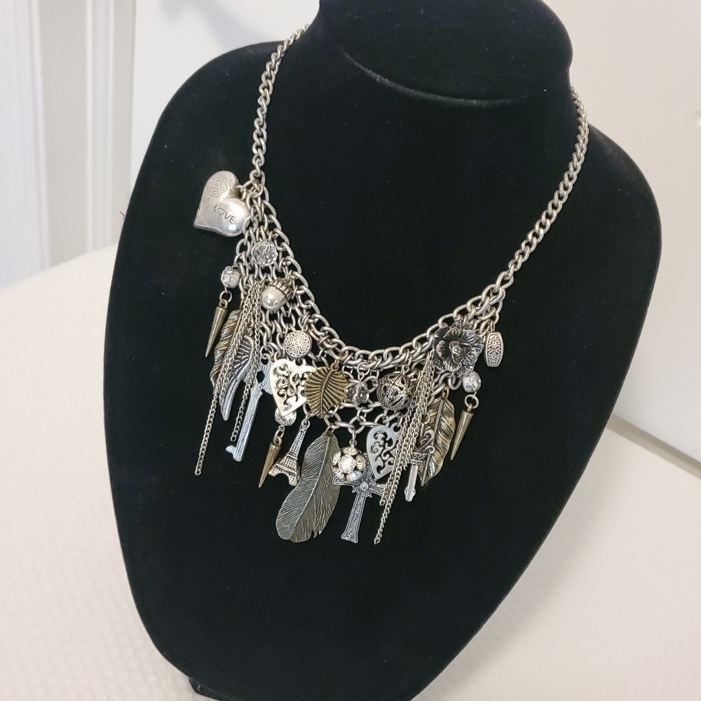 FASHION Jewelry Silvertone Multi charm Necklace, Boho, Unique